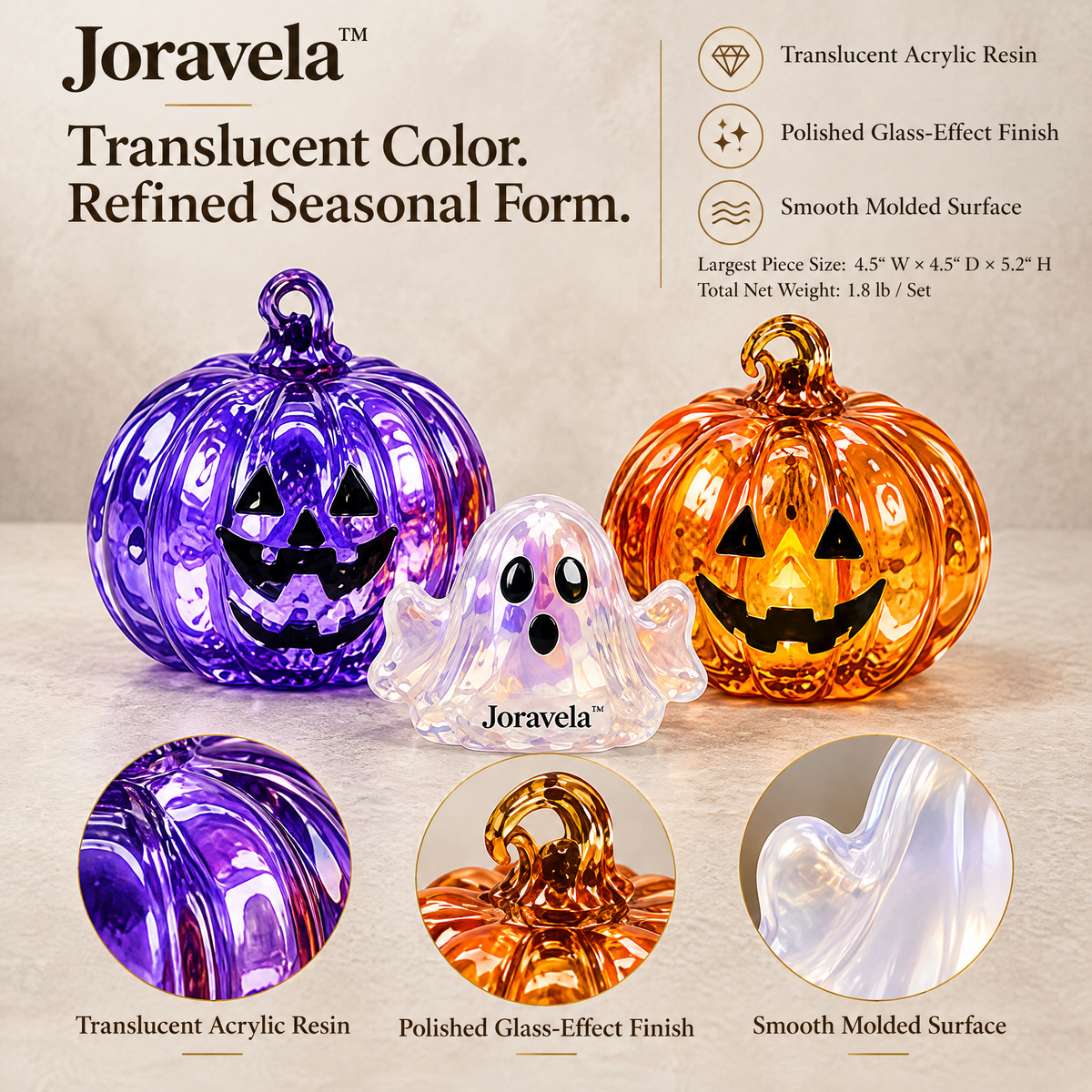 Joravela™ Crystal Pumpkin & Ghost Décor Trio